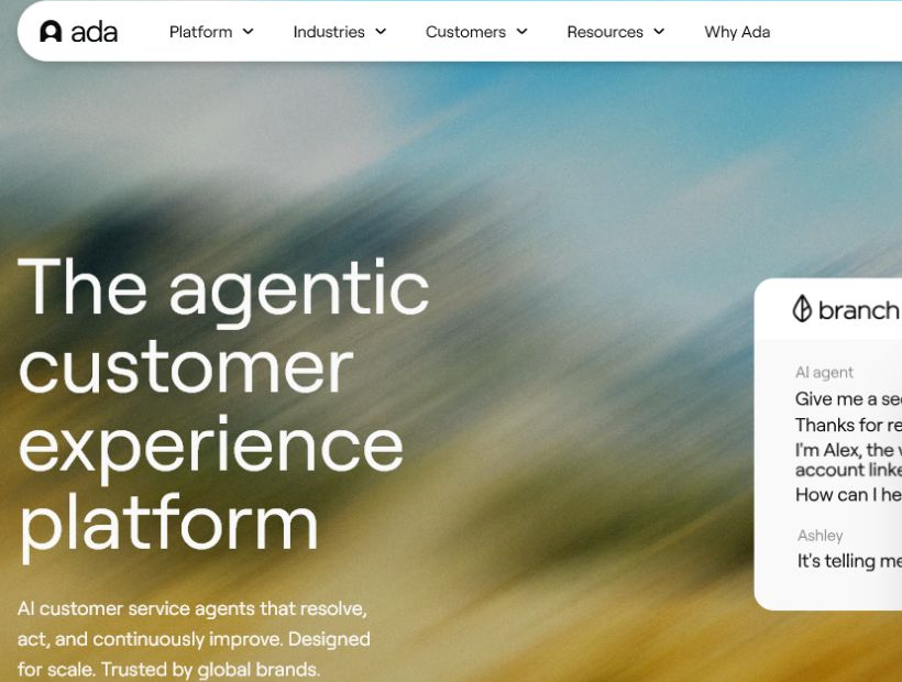 Ada AI customer service automation homepage screenshot