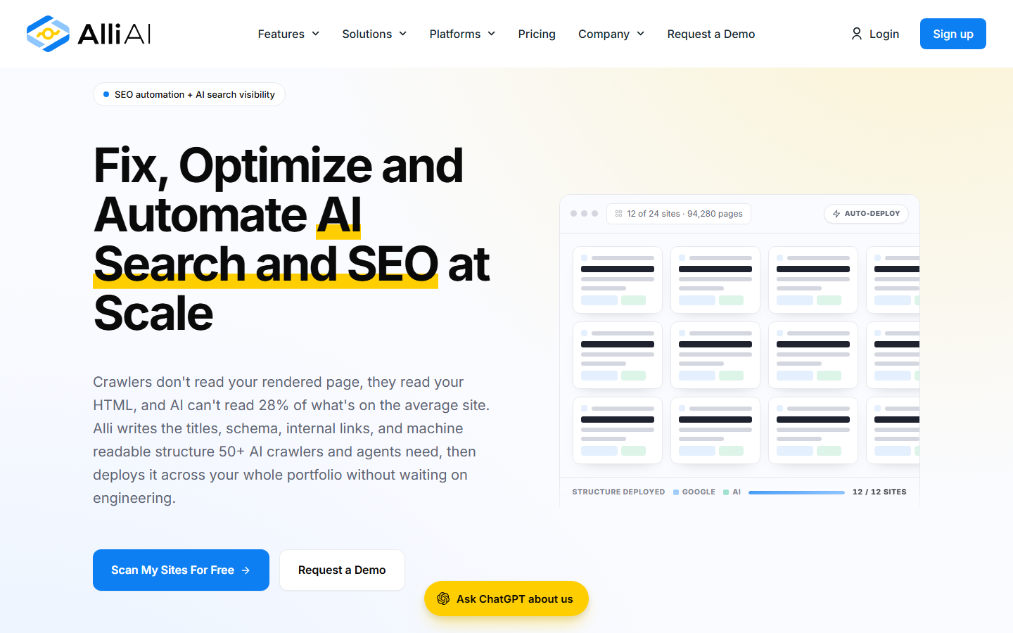 Alli AI AEO GEO and SEO automation platform homepage screenshot
