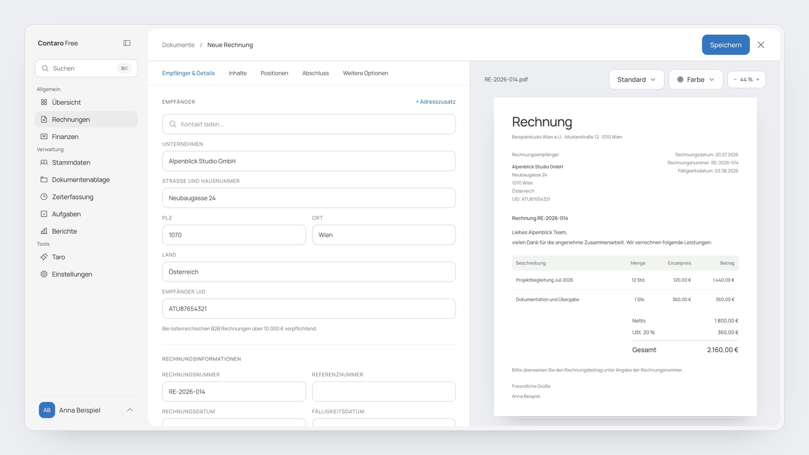 Contaro invoice editor with form fields and live invoice preview