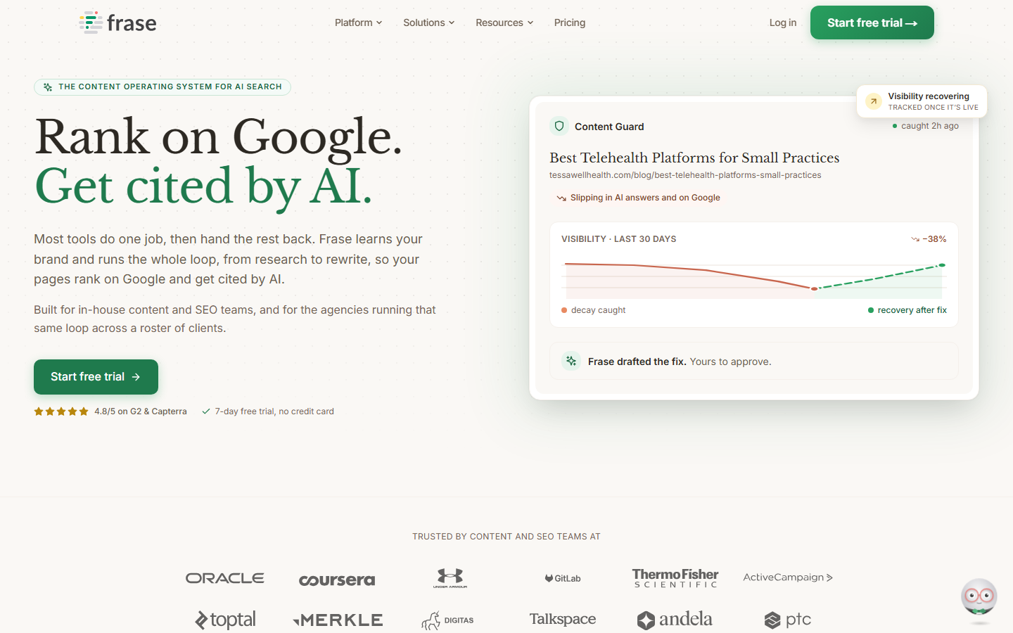 Frase SEO and GEO content platform homepage screenshot
