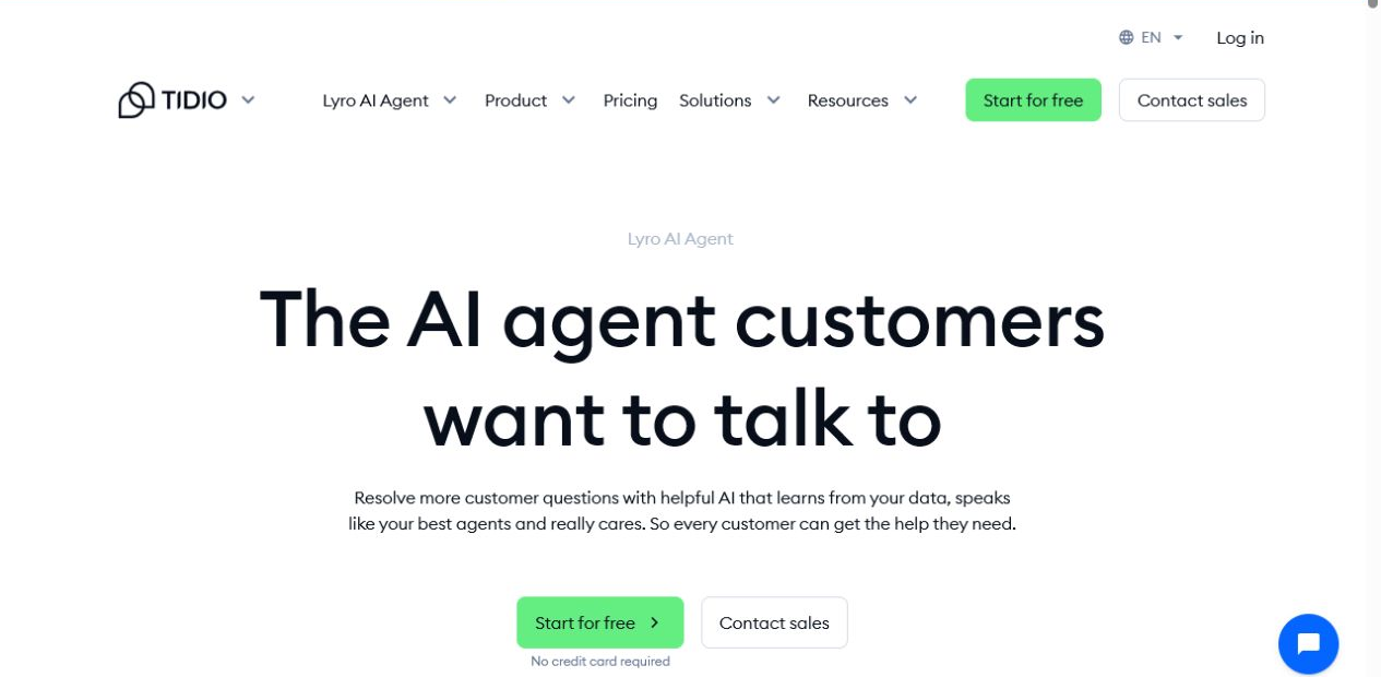 Tidio Lyro product page screenshot for AI customer support agent