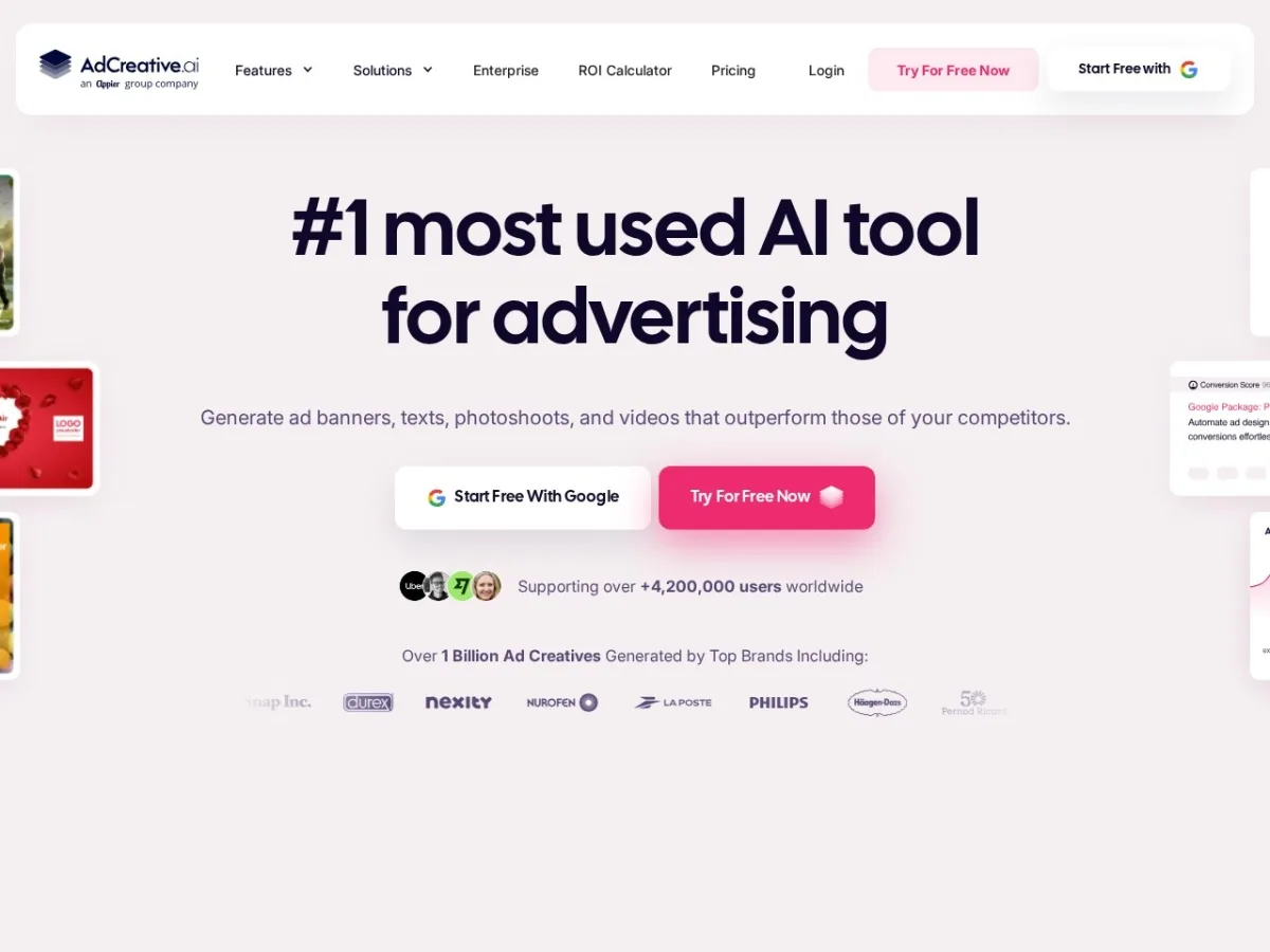 AdCreative.ai homepage screenshot for ecommerce AI ad creative generator