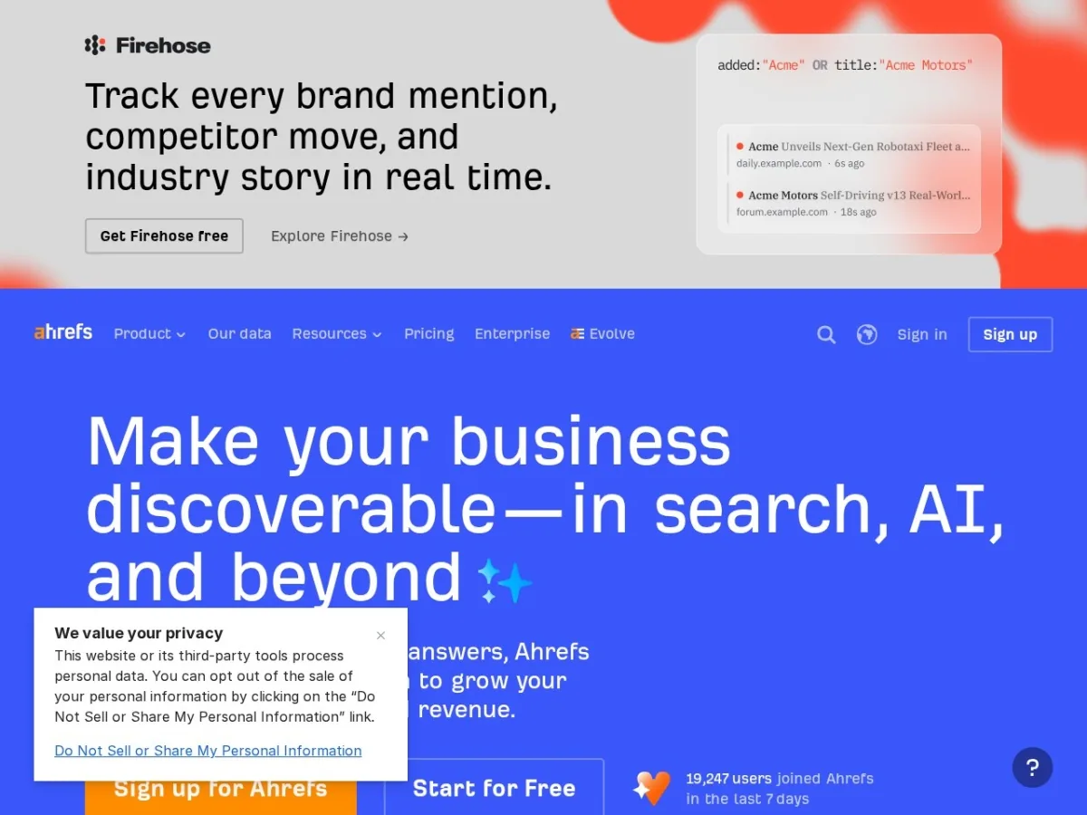 Ahrefs homepage preview for AI SEO tools comparison