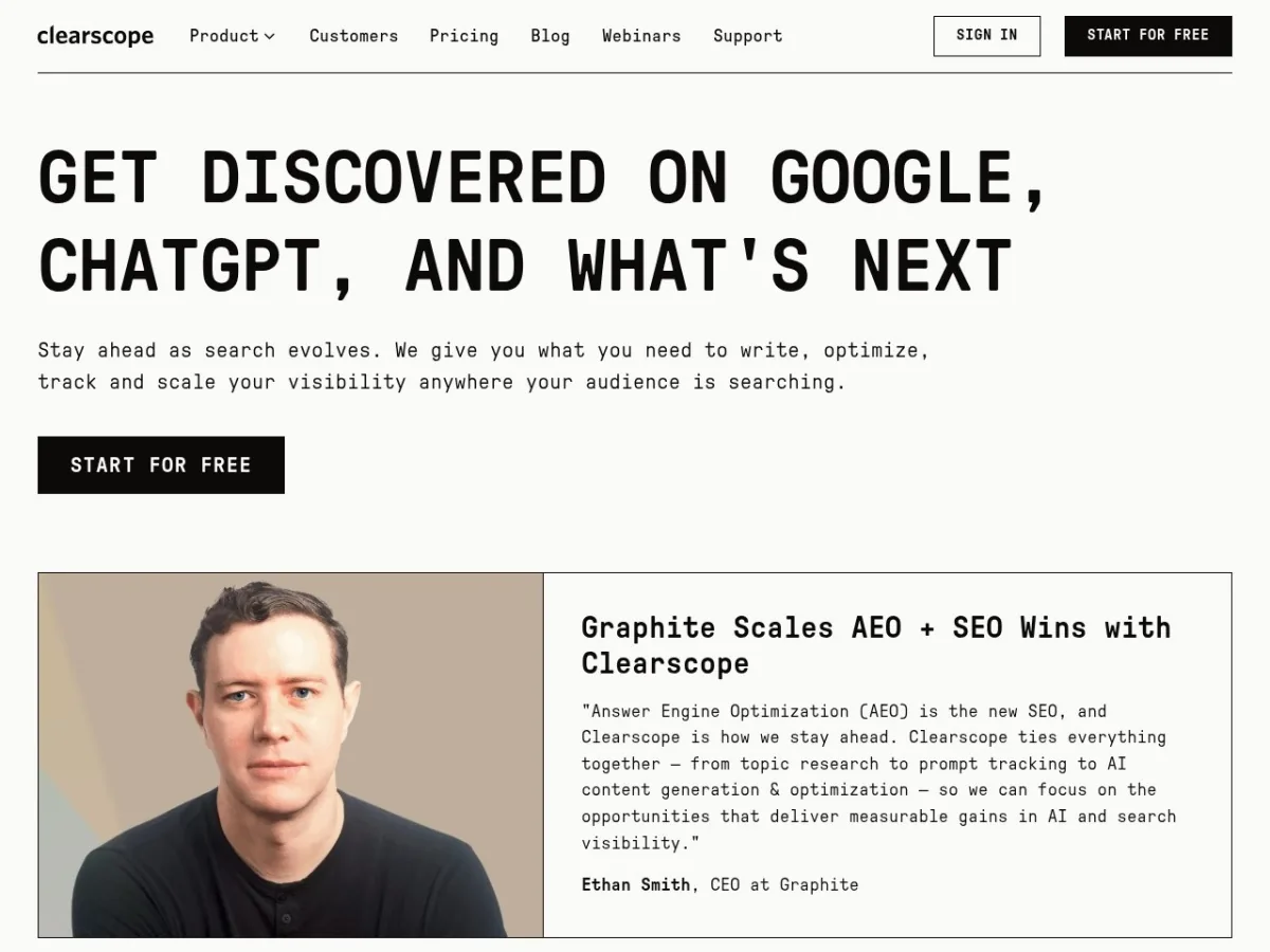 Clearscope homepage preview for content optimization
