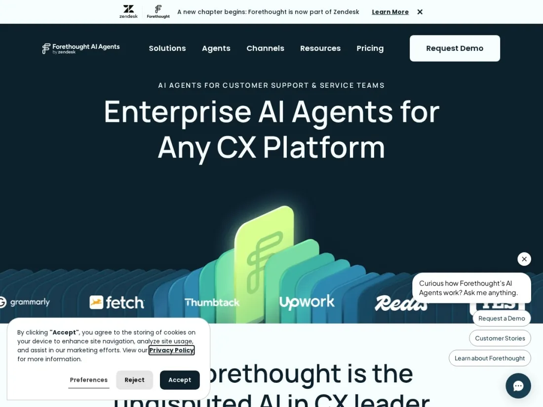 Forethought AI customer service platform homepage screenshot
