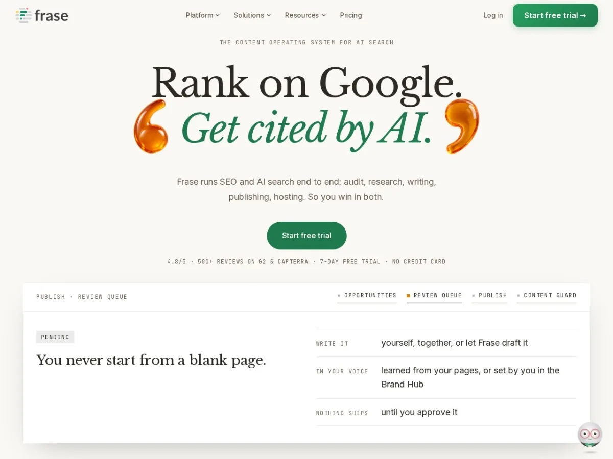 Frase homepage preview for SEO and GEO content workflows