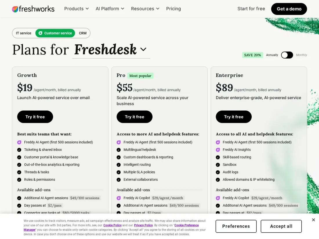 Freshdesk Freddy AI pricing page screenshot for AI helpdesk software