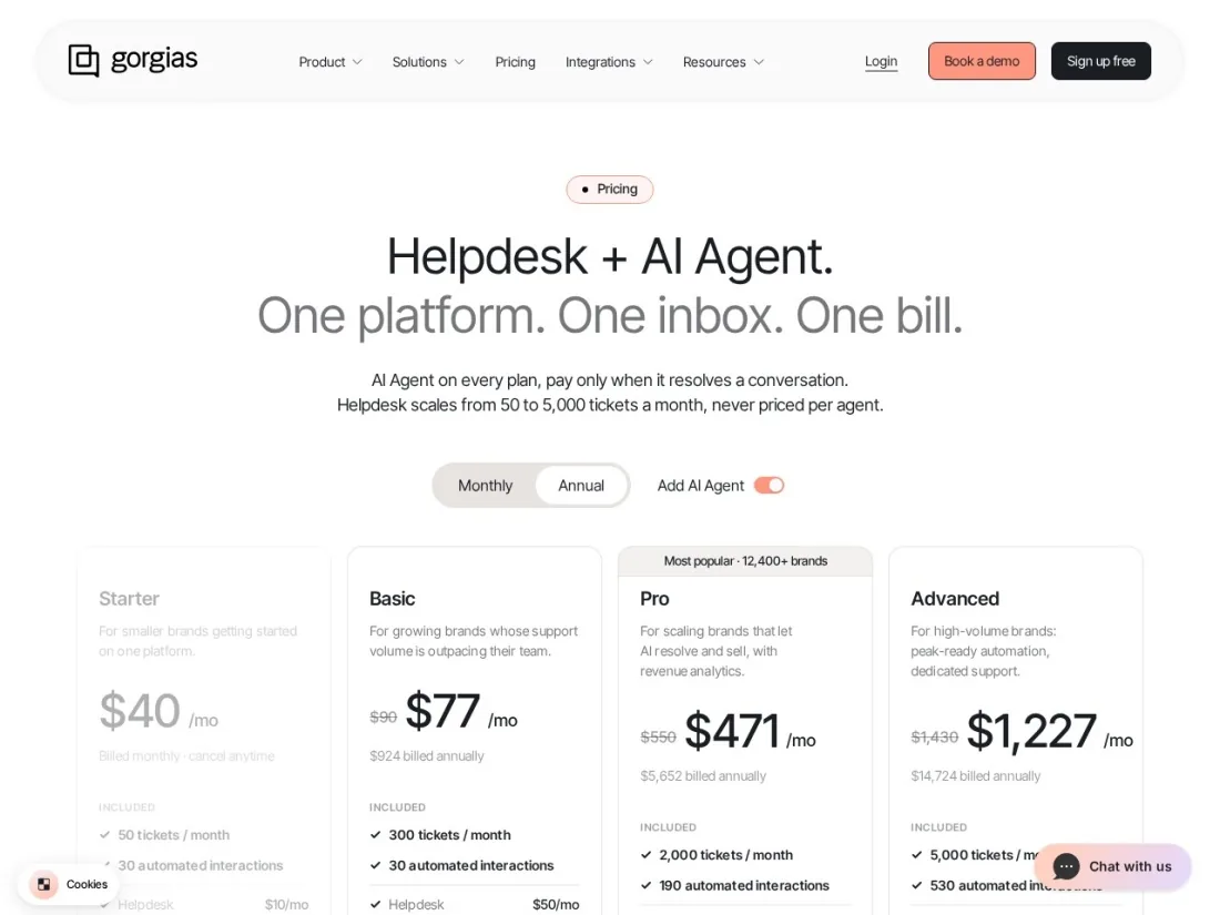 Gorgias pricing page screenshot for ecommerce AI customer support