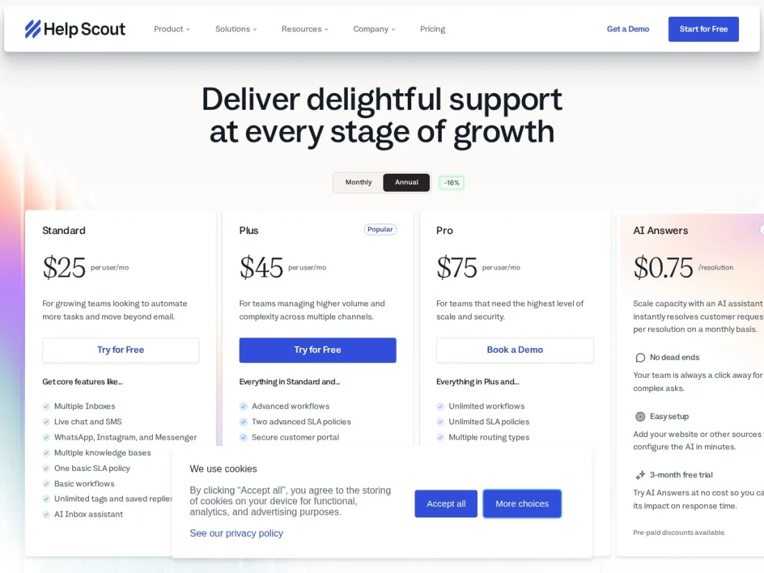Help Scout pricing page screenshot for AI Answers customer support