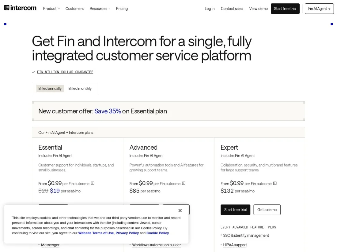 Intercom Fin pricing page screenshot for AI customer support tools