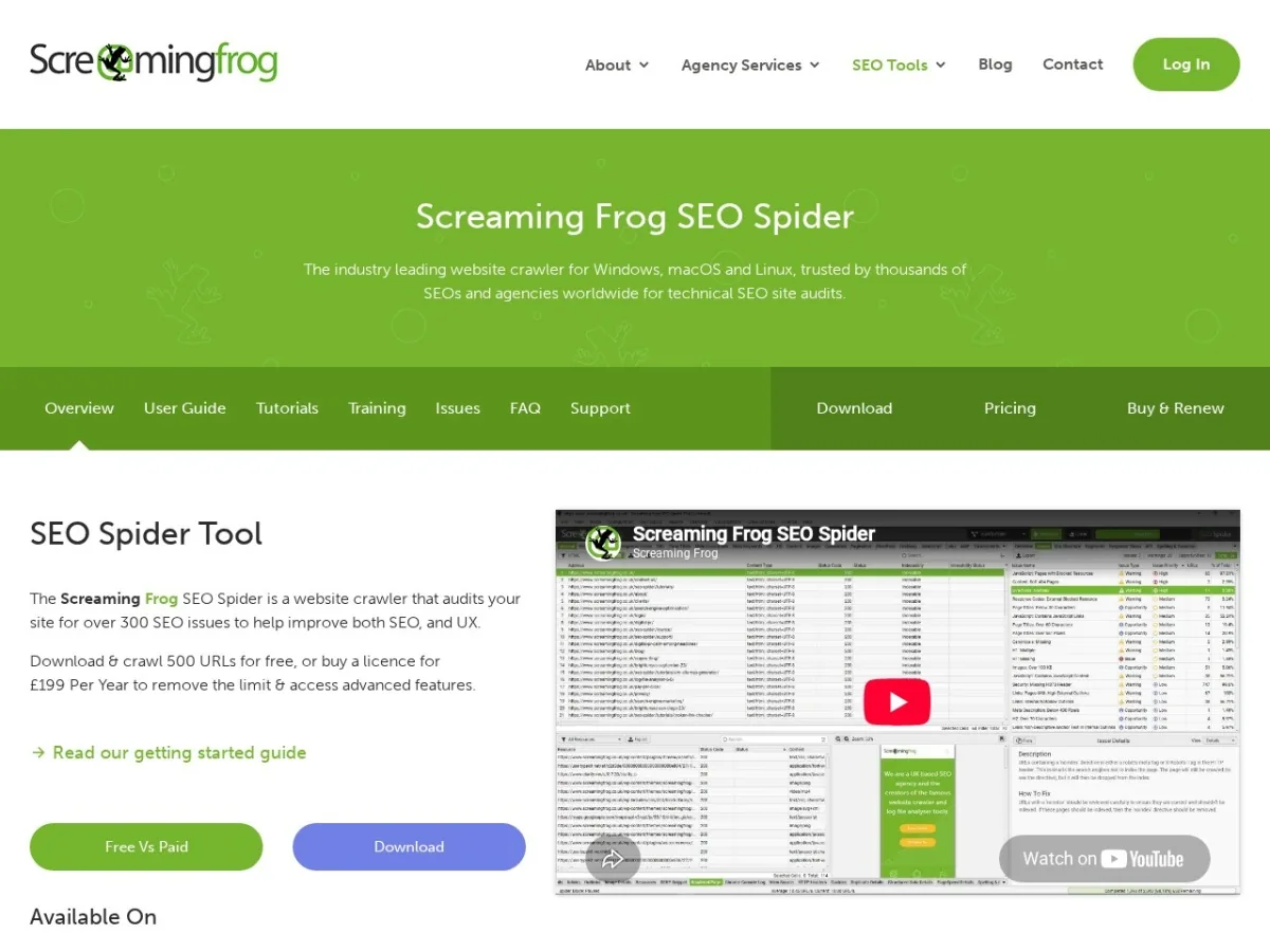 Screaming Frog SEO Spider product page preview for technical SEO audits