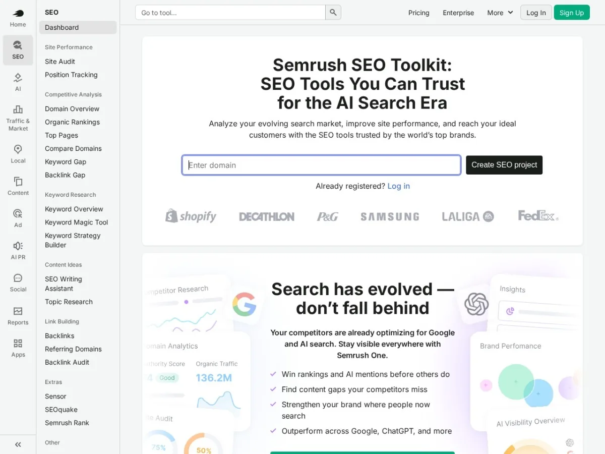 Semrush SEO platform homepage preview for AI SEO comparison