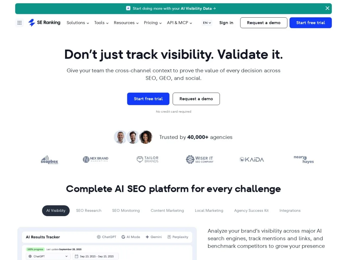 SE Ranking homepage preview for AI SEO and GEO workflows