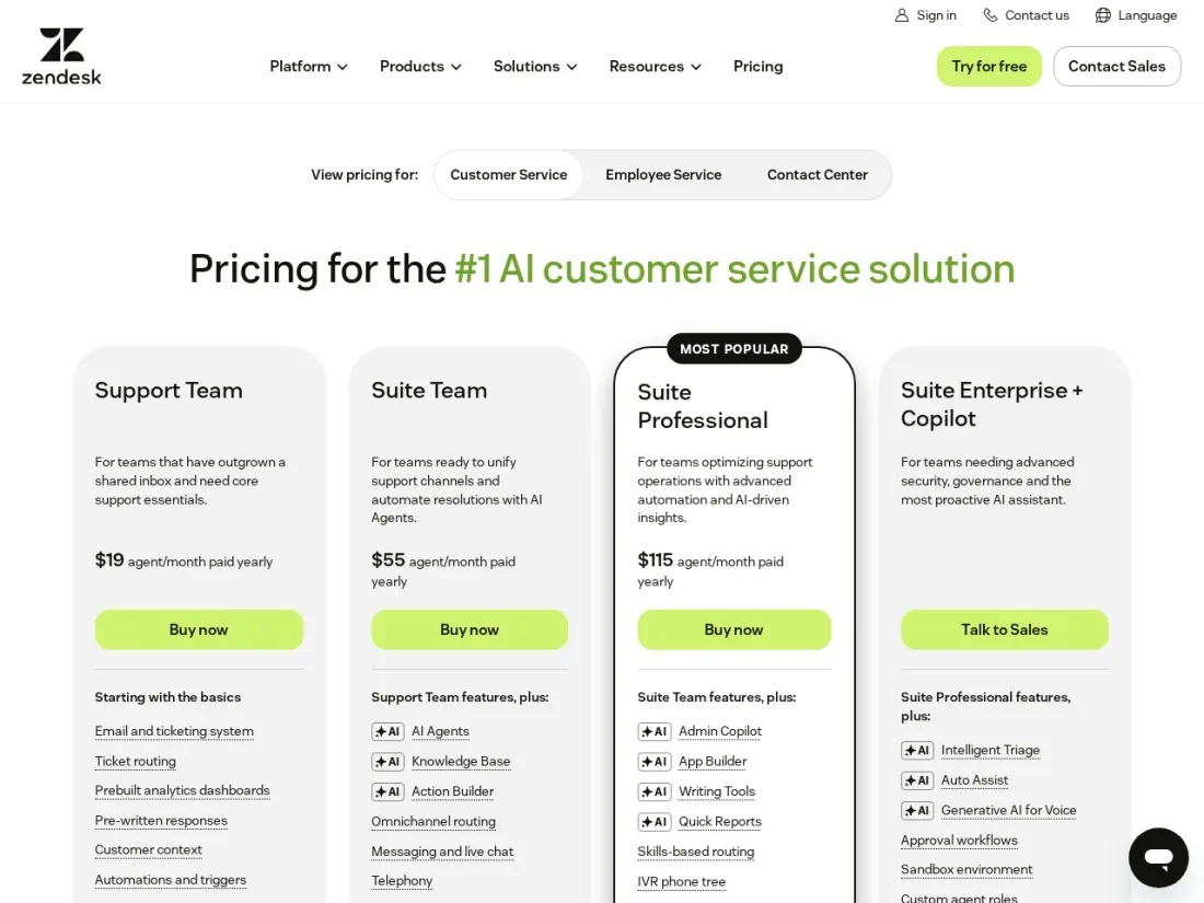 Zendesk pricing page screenshot for AI customer support software